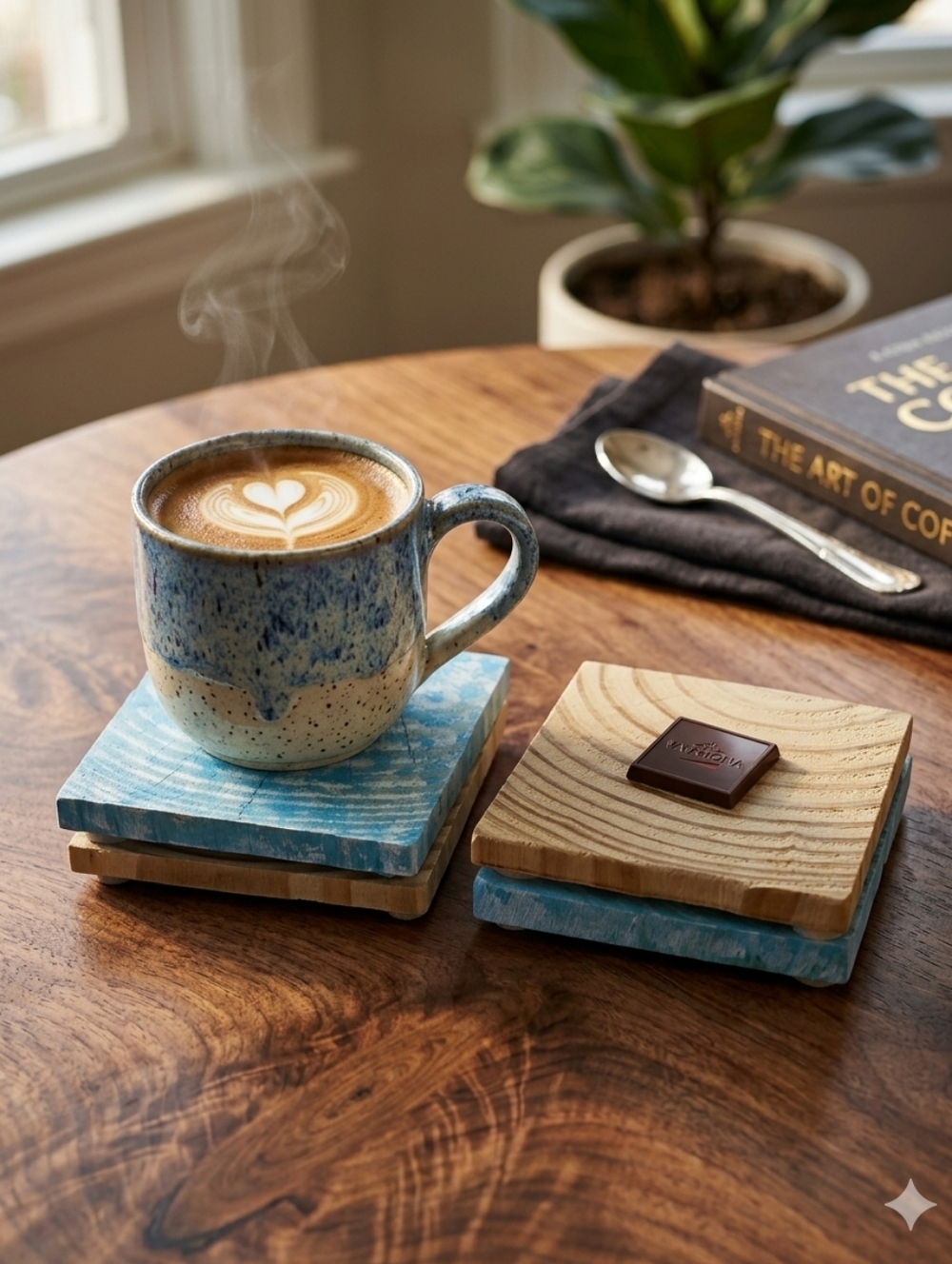 Handcrafted Blue Speckled Ceramic Coffee Coasters / Set Of 4